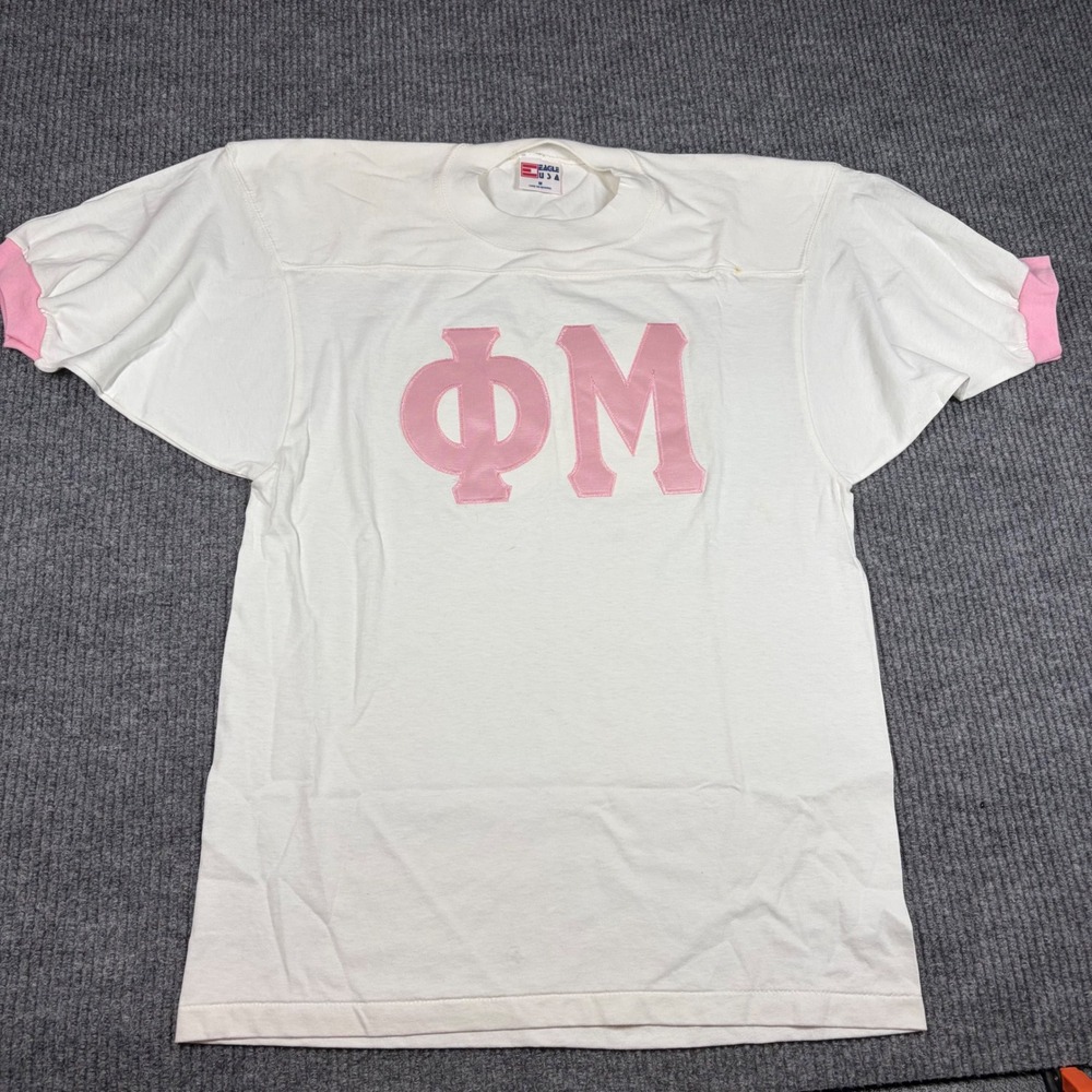 Eagle USA Phi Mu Sorority Jersey T-Shirt White Pink Greek Letters Medium Vintage